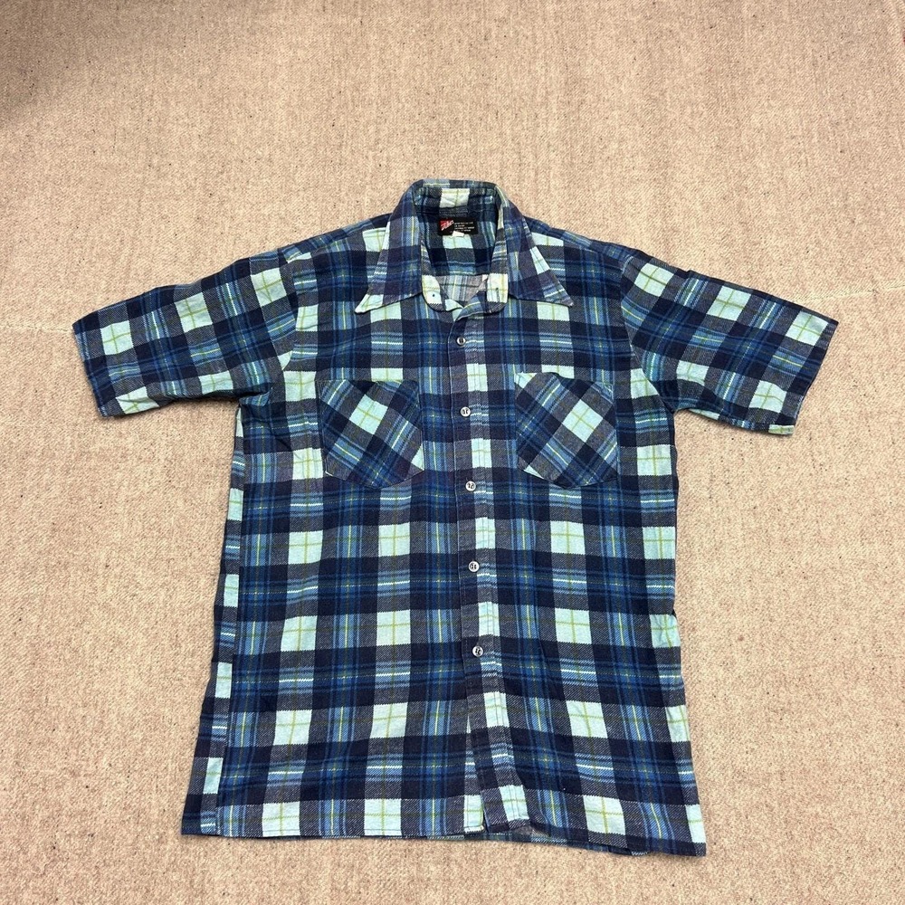 Vintage Zellers Flannel Shirt Mens Medium Blue 70s Short‎ Sleeve Plaid